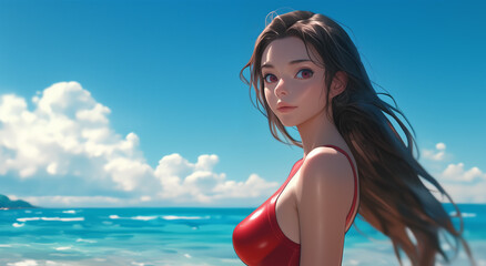 Naklejka premium Aesthetic illustration of a beautiful woman wearing a tight swimsuit on the beach 