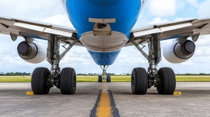 Close-up view of airplane landing gear on runway with blue sky in background during sunny day