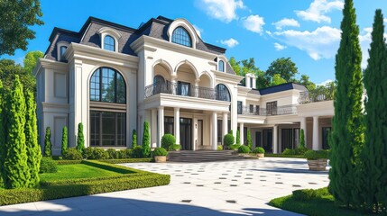 Fototapeta premium A modern 3D design for a luxury mansion with innovative architecture and lush outdoor spaces