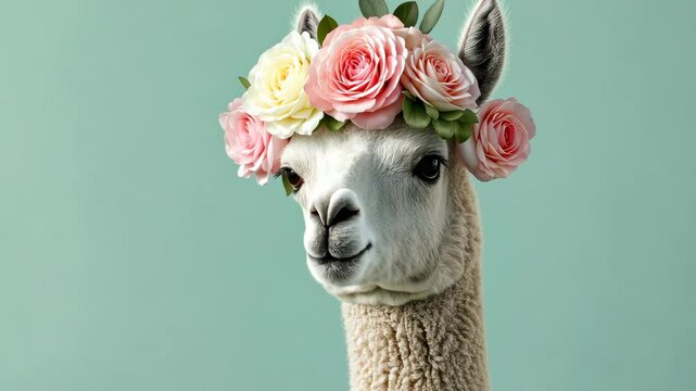 A gentle alpaca with a floral crown of pastel pink roses digital pic