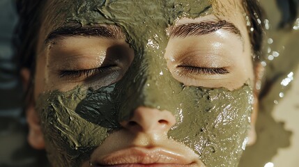 Woman enjoying a green mud mask on her face.