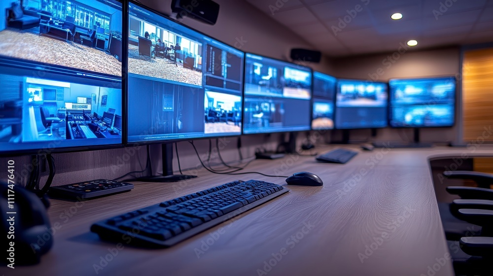 Poster modern control room multiple monitors desk keyboard mouse technology