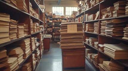 Obraz premium Vintage Archive Stacks of Old Papers Documents and Books in a Library