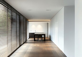 Obraz premium Simple and functional meeting room design, featuring minimalist furniture and neutral tones, creating a professional and efficient environment for business discussions and collaboration.