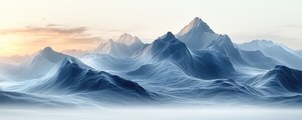 A serene landscape of majestic mountains with icy peaks under a soft, pastel sky at dawn, evoking tranquility and natural beauty.