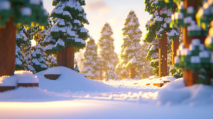 A serene winter landscape featuring snowy pathways and vibrant, blocky evergreen trees, illuminated by soft golden sunlight, creating a magical, tranquil atmosphere.