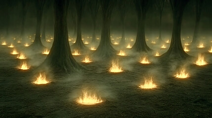 A surreal scene of a mystical forest filled with glowing fire pits among dark trees, creating an ethereal and haunting atmosphere.