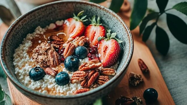 Delicious breakfast bowl with fresh strawberries, blueberries, and crunchy pecans served on a wooden table