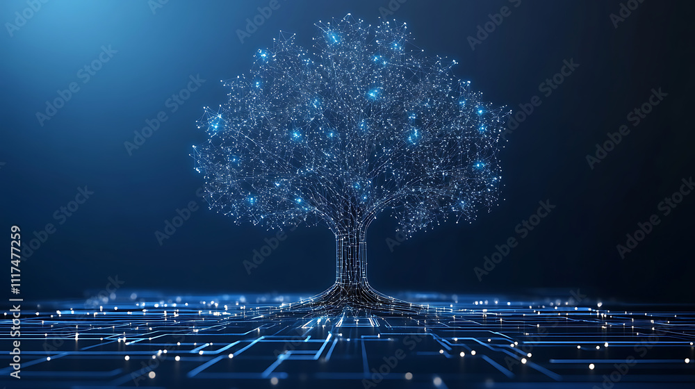 Wall mural a digital tree made of glowing circuits and nodes, symbolizing the intersection of nature and techno