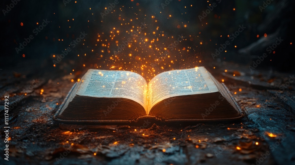 Poster enchanted book with sparkling lights creating a magical atmosphere on a rustic surface surrounded by