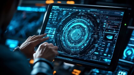 Futuristic Tech Interface Hands Interacting with Digital Display
