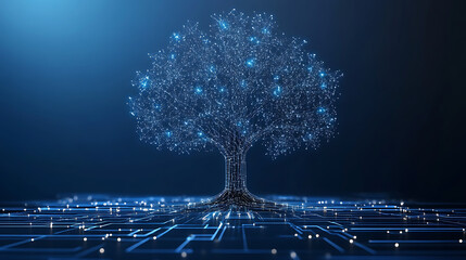 A digital tree made of glowing circuits and nodes, symbolizing the intersection of nature and technology in a futuristic blue setting.