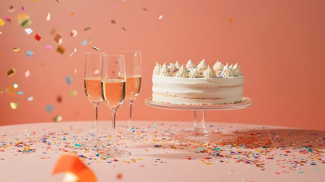 A cheerful anniversary party with champagne glasses, confetti, and a cake, leaving space for a personalized message