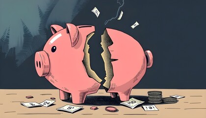 Financial crisis illustrated by a broken piggy bank, symbolizing bankruptcy, investment loss, and economic stress