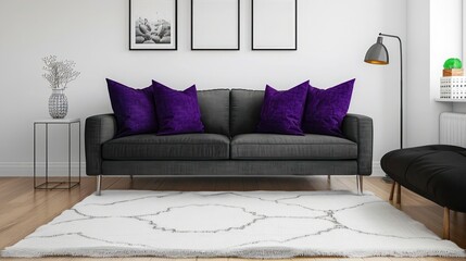 Modern living room mockup with white rug, charcoal grey sofa, royal purple pillows, chic decor, sleek and stylish home design, cozy ambiance