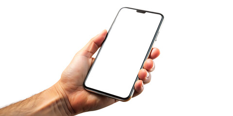 Mobile phone screen mockup in case. Hand holding smartphone display mock up isolated on white background as transparent. PNG. AI GENERATED