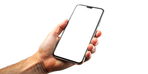 Mobile phone screen mockup in case. Hand holding smartphone display mock up isolated on white background as transparent. PNG. AI GENERATED