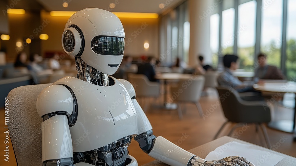 Aufkleber futuristic humanoid robot seated in a modern office environment, showcasing advanced technology and 
