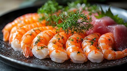 Delicious sushi shrimp platter japan food photography indoor gourmet cuisine