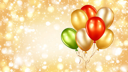 A vibrant collection of colorful balloons including red, green, gold, and orange, floating against a sparkling golden background, perfect for celebrations.