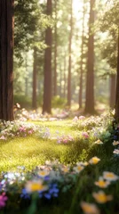 Fleecedeken met foto A serene forest path adorned with colorful flowers and soft sunlight. © Spectrum
