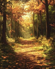 Obraz premium A serene forest path adorned with autumn foliage and dappled sunlight.