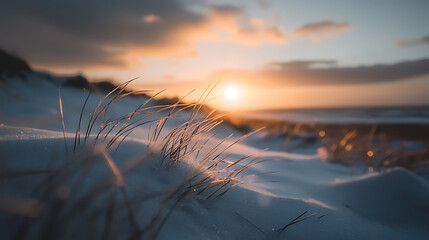 A serene sunset casts a warm glow over golden grass atop white dunes, creating a tranquil coastal...