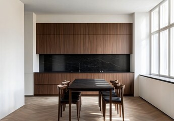 Fototapeta premium Sophisticated black and white dining room design, featuring elegant furnishings and a sleek, minimalist style that creates a timeless, modern atmosphere for dining and gatherings.