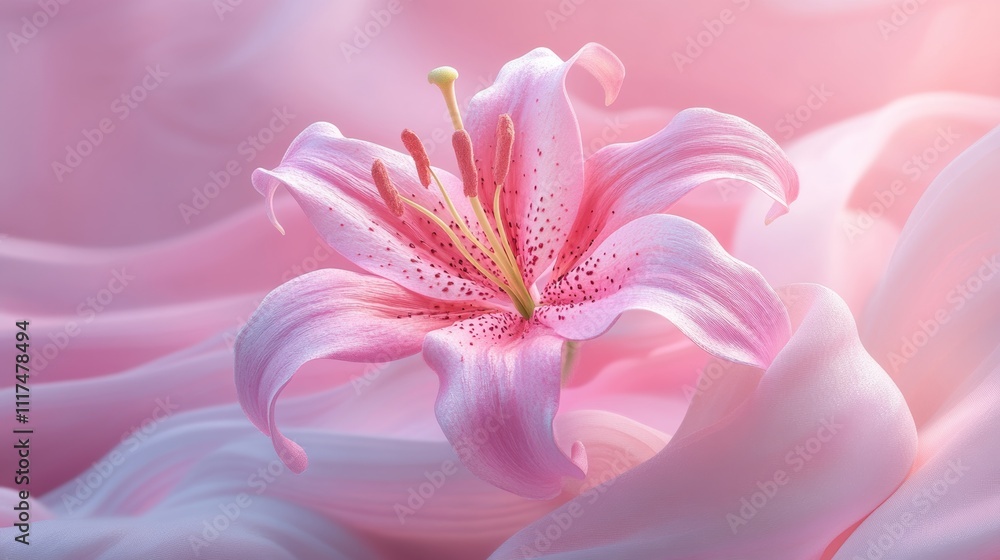 Poster a conceptual icon featuring a pink lily rendered in 3d with realistic textures, floating against a s