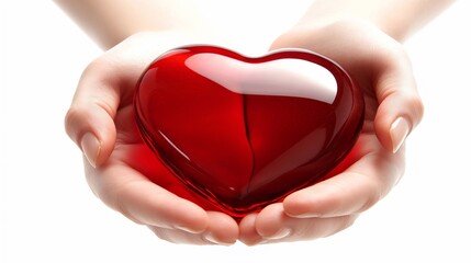 Fototapeta premium A close-up of two hands softly cradling a smooth, red, heart-shaped object, beautifully symbolizing love, affection, and care. The warm tones and gentle gesture evoke the spirit of Valentine's Day