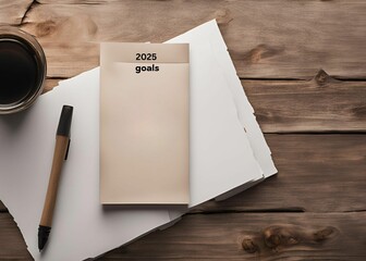 paper with text: "2025 goals" on top of the page, the paper is placed on a nordic minimalist style rustic muted tones table Goal setting concept