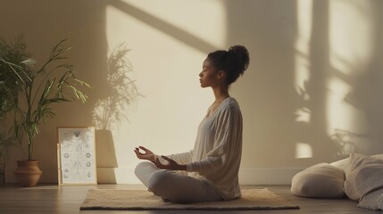 Young black woman meditating in a minimalist living room, with a vision board placed beside her. The soft light colors, and cozy blankets cushions, comfortable atmosphere for yoga and mindfulness