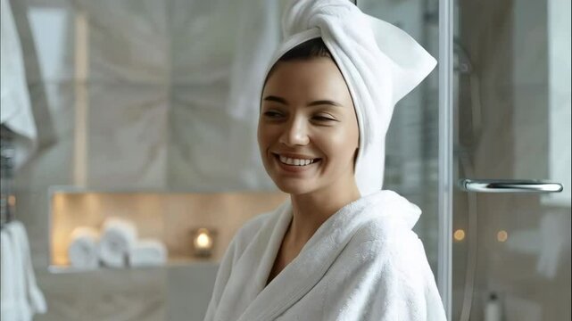 portrait of young beautiful woman in bathrobe in modern bathroom