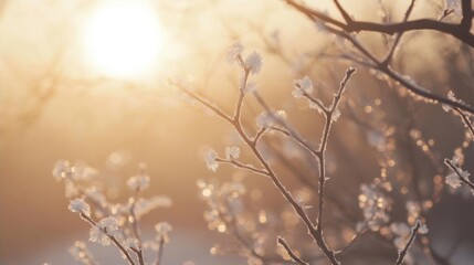 Frost-covered branches glisten in the warm glow of a winter sunrise.