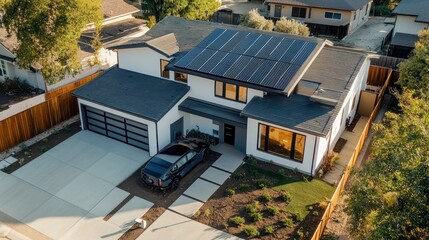 A modern home equipped with solar panels, battery storage, and an electric vehicle charging station, promoting holistic energy solutions