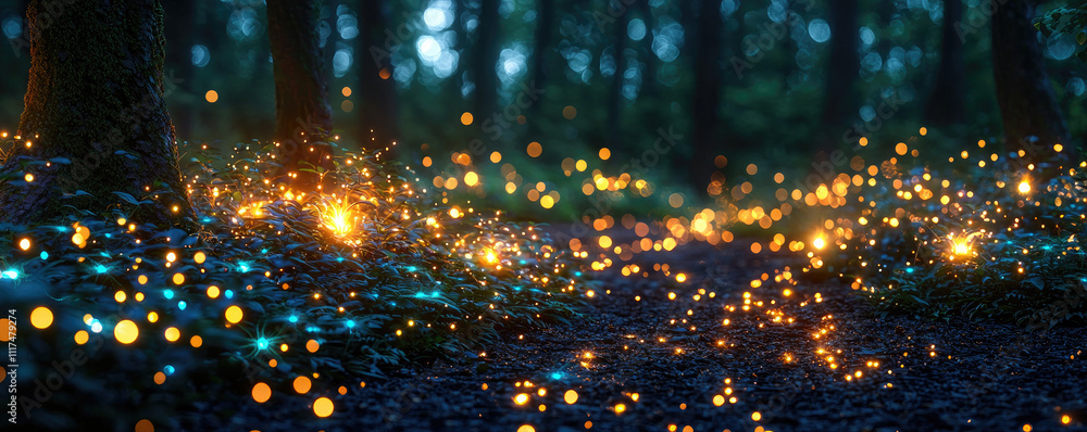 Aufkleber mystical forest path illuminated by glowing lights in the evening twilight.