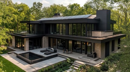 Fototapeta premium A modern home with aesthetically pleasing black-on-black solar panels blending perfectly with its sleek design