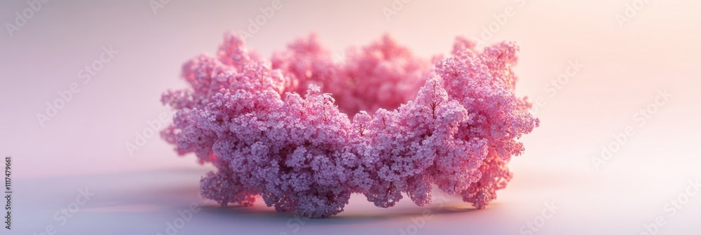 Poster a dense arrangement of pink lilacs rendered in 3d, forming an abstract circular shape on a soft back