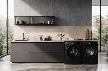 Sleek and modern embedded washing machine integrated into stylish black and white interior design, creating a seamless, contemporary look for the home while maximizing space and functionality.