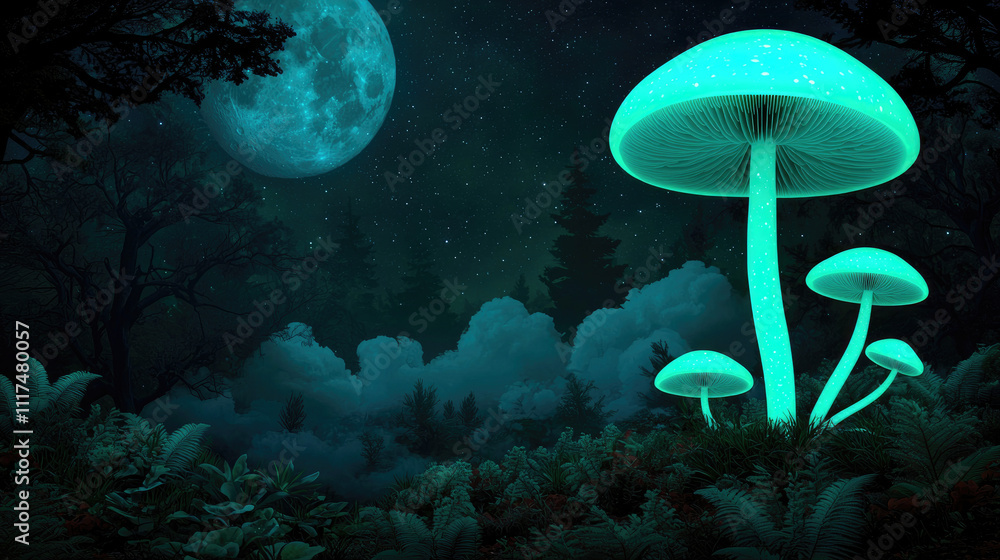 Aufkleber mystical glowing mushrooms under a moonlit sky, creating a surreal forest atmosphere.