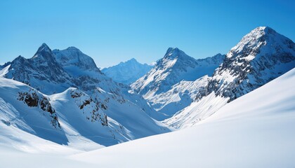 Fototapeta premium Majestic snow-covered mountains under a clear blue sky, showcasing natural beauty and tranquility.