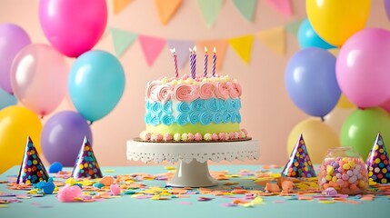 A joyful baby is first birthday party with a colorful cake, party hats, and balloons, with ample space for a special message