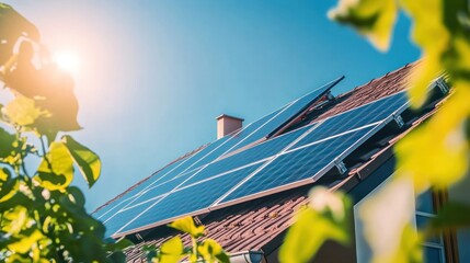 A modern house with sleek solar panels being installed on its roof, surrounded by vibrant greenery under a bright blue sky