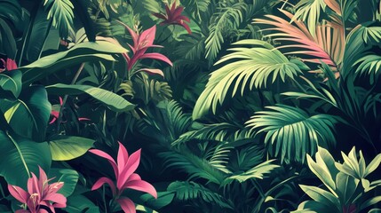 Lush tropical foliage with vibrant plants and leaves.