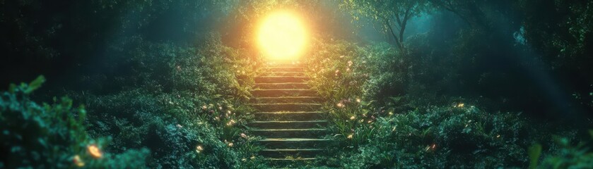 Illustrate a mystical staircase ascending towards a luminous portal, each step symbolizing a spiritual awakening Fantasy, Dreamlike, Vibrant
