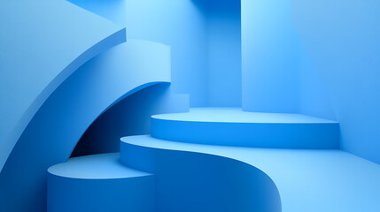 A serene abstract setting featuring curved blue staircases and shapes, creating a calming and artistic atmosphere for inspiration.