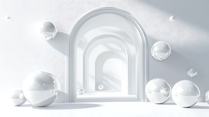 A serene white room featuring elegant arches and translucent spheres, creating a tranquil atmosphere with soft shadows and reflections.
