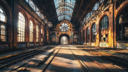 Fototapeta premium Abandoned train station with sunlight illuminating the interior.