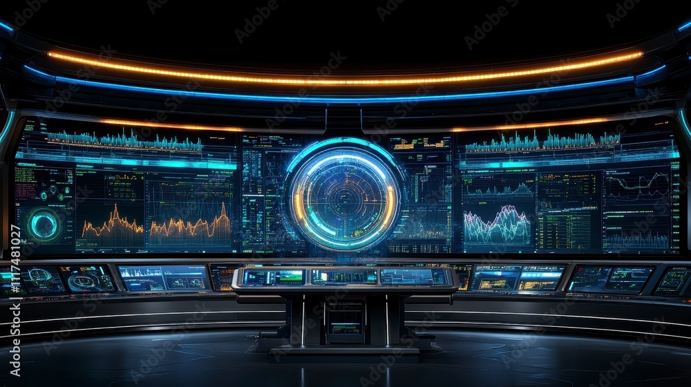 Aufkleber futuristic control room data monitoring analysis technology interface