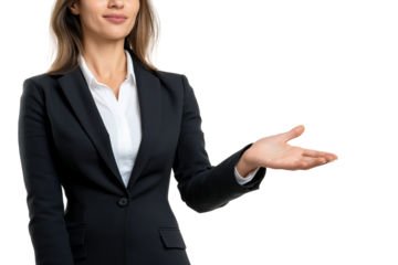 Businesswoman in a sleek black suit and white shirt gesturing with an open hand isolated on transparent background, symbolizing a welcoming or presenting gesture